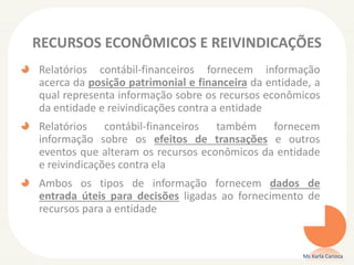 RECURSOS ECONÔMICOS E REIVINDICAÇÕES
Relatórios contábil-financeiros fornecem informação
acerca da posição patrimonial e financeira da entidade, a
qual representa informação sobre os recursos econômicos
da entidade e reivindicações contra a entidade
Relatórios contábil-financeiros também fornecem
informação sobre os efeitos de transações e outros
eventos que alteram os recursos econômicos da entidade
e reivindicações contra ela
Ambos os tipos de informação fornecem dados de
entrada úteis para decisões ligadas ao fornecimento de
recursos para a entidade
Ms Karla Carioca
 
