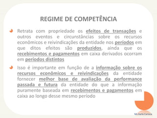 REGIME DE COMPETÊNCIA
Retrata com propriedade os efeitos de transações e
outros eventos e circunstâncias sobre os recursos
econômicos e reivindicações da entidade nos períodos em
que ditos efeitos são produzidos, ainda que os
recebimentos e pagamentos em caixa derivados ocorram
em períodos distintos
Isso é importante em função de a informação sobre os
recursos econômicos e reivindicações da entidade
fornecer melhor base de avaliação da performance
passada e futura da entidade do que a informação
puramente baseada em recebimentos e pagamentos em
caixa ao longo desse mesmo período
Ms Karla Carioca
 