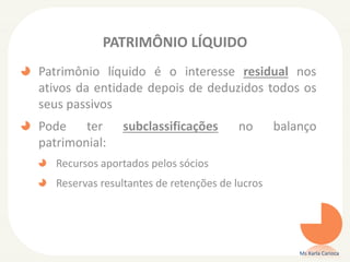 PATRIMÔNIO LÍQUIDO
Patrimônio líquido é o interesse residual nos
ativos da entidade depois de deduzidos todos os
seus passivos
Pode ter subclassificações no balanço
patrimonial:
Recursos aportados pelos sócios
Reservas resultantes de retenções de lucros
Ms Karla Carioca
 