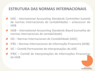ESTRUTURA DAS NORMAS INTERNACIONAIS
IASC - International Accounting Standards Committee (comitê
de normas internacionais de contabilidade) – antecessor do
IASB
IASB – International Accounting Standards Board (conselho de
normas internacionais de contabilidade)
IAS – Normas Internacionais de Contabilidade (IASC)
IFRS – Normas Internacionais de Informação Financeira (IASB)
SIC – Comitê Permanente de Interpretações do IASC
IFRIC – Comitê de Interpretações de Informações Financeiras
do IASB
Ms Karla Carioca
 