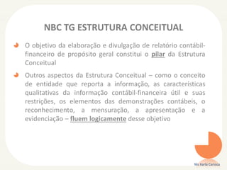 NBC TG ESTRUTURA CONCEITUAL
O objetivo da elaboração e divulgação de relatório contábil-
financeiro de propósito geral constitui o pilar da Estrutura
Conceitual
Outros aspectos da Estrutura Conceitual – como o conceito
de entidade que reporta a informação, as características
qualitativas da informação contábil-financeira útil e suas
restrições, os elementos das demonstrações contábeis, o
reconhecimento, a mensuração, a apresentação e a
evidenciação – fluem logicamente desse objetivo
Ms Karla Carioca
 