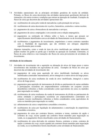 29
7.4 Atividades operacionais são as principais atividades geradoras de receita da entidade.
Portanto, os fluxos de caixa decorrentes das atividades operacionais geralmente derivam de
transações e de outros eventos e condições que entram na apuração do resultado. Exemplos de
fluxos de caixa que decorrem das atividades operacionais são:
(a) recebimentos de caixa pela venda de mercadorias e pela prestação de serviços;
(b) recebimentos de caixa decorrentes de royalties, honorários, comissões e outras receitas;
(c) pagamentos de caixa a fornecedores de mercadorias e serviços;
(d) pagamentos de caixa a empregados e em conexão com a relação empregatícia;
(e) pagamentos ou restituição de tributos sobre o lucro, a menos que possam ser
especificamente identificados com as atividades de financiamento ou de investimento;
(f) recebimentos e pagamentos de investimento, empréstimos e outros contratos mantidos
com a finalidade de negociação, que são similares aos estoques adquiridos
especificamente para revenda.
Algumas transações, como a venda de item do ativo imobilizado por entidade industrial,
podem resultar em ganho ou perda que é incluído na apuração do resultado. Entretanto, os
fluxos de caixa relativos a tais transações são fluxos de caixa provenientes de atividades de
investimento.
Atividades de investimento
7.5 Atividades de investimento são a aquisição ou alienação de ativos de longo prazo e outros
investimentos não incluídos em equivalentes de caixa. Exemplos de fluxos de caixa que
decorrem das atividades de investimento são:
(a) pagamentos de caixa para aquisição de ativo imobilizado (incluindo os ativos
imobilizados construídos internamente), ativos intangíveis e outros ativos de longo prazo;
(b) recebimentos de caixa resultantes da venda de ativo imobilizado, intangível e outros
ativos de longo prazo;
(c) pagamentos para aquisição de instrumentos de dívida ou patrimoniais de outras entidades
e participações societárias em empreendimentos controlados em conjunto (exceto
desembolsos referentes a títulos considerados como equivalentes de caixa ou mantidos
para negociação ou venda);
(d) recebimentos de caixa resultantes da venda de instrumentos de dívida ou patrimoniais de
outras entidades e participações societárias em empreendimentos controlados em
conjunto (exceto recebimentos referentes a títulos considerados como equivalentes de
caixa ou mantidos para negociação ou venda);
(e) adiantamentos de caixa e empréstimos concedidos a terceiros;
(f) recebimentos de caixa por liquidação de adiantamentos e amortização de empréstimos
concedidos a terceiros;
(g) pagamentos de caixa por contratos futuros, contratos a termo, contratos de opção e
contratos de swap, exceto quando tais contratos forem mantidos para negociação ou
venda, ou os pagamentos forem classificados como atividades de financiamento;
(h) recebimentos de caixa derivados de contratos futuros, contratos a termo, contratos de
opção e contratos de swap, exceto quando tais contratos forem mantidos para negociação
ou venda, ou os recebimentos forem classificados como atividades de financiamento.
 
