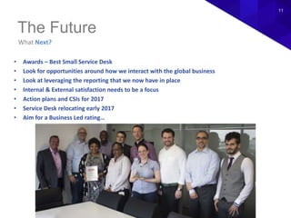 What Next?
The Future
11
• Awards – Best Small Service Desk
• Look for opportunities around how we interact with the global business
• Look at leveraging the reporting that we now have in place
• Internal & External satisfaction needs to be a focus
• Action plans and CSIs for 2017
• Service Desk relocating early 2017
• Aim for a Business Led rating…
 