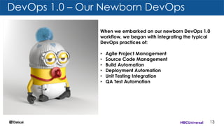 DevOps 1.0 – Our Newborn DevOps
13
When we embarked on our newborn DevOps 1.0
workflow, we began with integrating the typical
DevOps practices of:
• Agile Project Management
• Source Code Management
• Build Automation
• Deployment Automation
• Unit Testing Integration
• QA Test Automation
 