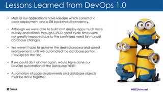 Lessons Learned from DevOps 1.0
• Most of our applications have releases which consist of a
code deployment and a DB backend dependency.
• Although we were able to build and deploy apps much more
quickly and reliably through CI/CD, sprint cycle times were
not greatly improved due to the continued need for manual
database changes.
• We weren’t able to achieve the desired process and speed
improvements until we automated the database portion
(DevOps for the DB).
• If we could do it all over again, would have done our
DevOps automation of the Database FIRST!
• Automation of code deployments and database objects
must be done together.
 
