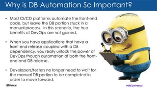Why is DB Automation So Important?
• Most CI/CD platforms automate the front-end
code, but leave the DB portion stuck in a
manual process. In this scenario, the true
benefits of DevOps are not gained.
• When you have applications that have a
front end release coupled with a DB
dependency, you really unlock the power of
DevOps though automation of both the front-
end and DB release.
• Developers/testers no longer need to wait for
the manual DB portion to be completed in
order to move forward.
 