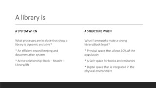 A library is
A SYSTEM WHEN
What processes are in place that show a
library is dynamic and alive?
* An efficient record keeping and
documentation system
* Active relationship: Book – Reader –
Library/BN
A STRUCTURE WHEN
What frameworks make a strong
library/Book Nook?
* Physical space that allows 10% of the
population
* A Safe space for books and resources
* Digital space that is integrated in the
physical environment
 