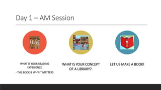 Day 1 – AM Session
WHAT IS YOUR READING
EXPERIENCE
- THE BOOK & WHY IT MATTERS
WHAT IS YOUR CONCEPT
OF A LIBRARY?.
LET US MAKE A BOOK!
 