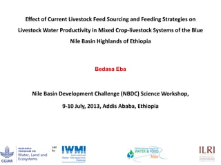 Effect of Current Livestock Feed Sourcing and Feeding Strategies on
Livestock Water Productivity in Mixed Crop-livestock Systems of the Blue
Nile Basin Highlands of Ethiopia
Nile Basin Development Challenge (NBDC) Science Workshop,
9-10 July, 2013, Addis Ababa, Ethiopia
Bedasa Eba
 