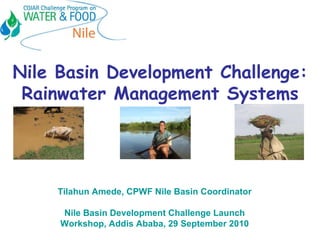 Nile Basin Development Challenge: Rainwater Management Systems Tilahun Amede, CPWF Nile Basin Coordinator Nile Basin Development Challenge Launch Workshop, Addis Ababa, 29 September 2010 