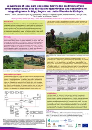 A synthesis of local agro-ecological knowledge on drivers of tree
cover change in the Blue Nile Basin: opportunities and constraints to
integrating trees in Diga, Fogera and Jeldu Woredas in Ethiopia.
Introduction
The quantity and position of trees in a landscape can have significant impacts on farm
soil and water resources. Strategic placement of trees can also help mitigate against
issues in watershed management. Here we present a synthesis of local knowledge
studies conducted in three micro-catchments of the Blue Nile Basin (Diga, Fogera
and Jeldu Woredas) exploring natural and anthropogenic drivers of tree cover change
as understood by farmers and local experts. This approach can help to better design
interventions and gain important historical context within a data sparse environment.
The Diga lowlands provides a clear example of the mechanisms by which deforestation has
led to increased erosion, increased fertility loss, increased soil deposition (which has dried
the headwaters of streams), decreased rainfall and decreased water quality (Figure 1).
The farmers interviewed demonstrated detailed agro-ecological knowledge on how the
physical attributes of trees impact on water and soil resources. Farmers were able to identify
tree species which ameliorate the effects of a wide range of environmental degradation
issues (Table 1). The tree species known to fulfil these functions were mostly seen at low
frequency in the sites, or known to be extinct from the area. Local knowledge on these trees’
regulating services, as well as their utilities has been retained, however, there were found to
be knowledge gaps on how to integrate native trees into the cereal and horticultural cropping
systems and manage them to reduce competition. Diga was the only research site with well
established agroforestry practices, with coffee intercropped with remnant forest species.
Environmental degradation Diga Jeldu Fogera
Soil erosion Croton macrostachyus,
Myrica salicifolia, Vernonia
amygdalina
Hagenia abyssinica,
Ekebergia capensis, Celtis
africana
Adhatoda schimperiana,
Sesbania sesban
Groundwater decline Syzygium guineense,
Albizia schimperiana, Cordia
africana
Ekebergia capensis, Ficus
spp., Dombeya torrida,
Strychnos spinosa
Syzygium guineense, Ficus
spp.
Soil fertility loss Erythrina abyssinica,
Hagenia abyssinica,
Polyscias fulva, Vernonia
amygdalina
Hagenia abyssinica,
Dombeya torrida, Nuxia
congesta
Croton macrostachyus,
Cordia africana
Waterlogging Eucalyptus spp. Eucalyptus spp. Acacia spp., Eucalyptus spp.
Biodiversity loss Albizia schimperiana,
Ekebergia capensis,
Combretum collinum, Prunus
africana
Sapium ellipticum, Olea
europaea ssp. africana,
Nuxia congesta
Otostegia integrifolia, Olea
europaea ssp. africana,
Combretum molle
Methods
Local knowledge about drivers of tree cover change was elicited using knowledge-
based systems methods (Sinclair and Walker, 1998; Walker and Sinclair, 1998). The
knowledge was recorded using the AKT5 software. Detailed knowledge was acquired
by repeated semi-structured interviews with a purposive sample of 116 willing and
knowledgeable people and focus group discussions were held in three of the NBDC
Nile 2 project sites (Plates 1-3). Stratification was based on age, wealth, gender and
location. Participatory mapping, historical timelines and transect walks were used to
complement interviews. The majority of the knowledge was from men.
Results and discussion
Local knowledge revealed that all three sites suffered from rapid deforestation of native
tree cover over the last 40 years. All three systems were recognised by farmers as
declining in agricultural productivity. The decline of native forest in Jeldu was found
to be more rapid than the other two sites, partially due to market pressures from the
capital city. Fogera and Diga were found to have remnant native forest still present,
although certain tree species had disappeared completely due to over-exploitation for
their products. This was associated with population expansion which has driven land
cultivation into more marginal land (such as steeper slopes and marshy lowlands),
resulting in land degradation and heightened pressure on common grazing land.
Conclusions
The results suggest that farmers in all three sites had a significant understanding of
interactions between trees, soil and water. Although farmers understood the various
functions of trees in watershed management according to on-farm niches and ecosystem
service provisioning, there was still a critical gap in understanding the logistics of
integrating them at a higher frequency into the current agricultural systems. Such gaps
in knowledge should be addressed through technical training and awareness raising. In
order to fulfil project goals of improving watershed management in the Blue Nile Basin,
farmers’ knowledge about native trees needs to be taken into account when designing
tree interventions and promotion of agroforestry species by local government nurseries.
Plate 1: Landscape in Diga, showing trees scattered across the farming landscape. Photograph taken by Genevieve
Lamond, ICRAF/Bangor University. July 2011. Plate 2: Landscape in Jeldu, showing cultivation on steep slopes and
eucalyptus woodlots. Photograph taken by Martha Cronin, ICRAF. April 2013.
Figure 1: Local knowledge about drivers of tree cover change in Diga lowlands. Nodes represent human actions (boxes
with rounded corners), natural processes (ovals), or attributes of objects, processes or actions (boxes with straight edges.
Arrows connecting nodes show the direction of causal influence. The first small arrow on a link indicates either an increase
( ) or decrease ( ) in the causal node, and the second refers to the effect node. Numbers between small arrows
indicate whether the relationship is two-way (2), in which case an increase in A causing a decrease in B also implies that a
decrease in A would cause an increase B, or one-way (1), where this reversibility does not apply.
Plate 3: Landscape in Fogera, showing tree composition on farms. Photograph taken by Fabien Balaguer, Bangor University.
July 2011.
Table 1: A sample of environmental degradation issues faced in each of the sites and the tree species known by farmers to
ameliorate the effects but were in low numbers across research sites.
Martha Cronina
(m.cronin@cgiar.org), Genevieve Lamondb
, Fabien Balaguerb
, Flavia Venturinib
, Tesfaye Sidaa
,
Tim Pagellab
and Fergus Sinclaira,b
a
World Agroforestry Centre (ICRAF), Kenya, b
School of the Environment, Natural Resources and Geography, Bangor University, UK
References
Sinclair, F. L. and Walker, D. H. 1998. “Acquiring qualitative knowledge about complex
agroecosystems. Part 1: Representation as natural language”. Agricultural systems 56, pp. 341-363.
Walker, D.H. and Sinclair, F. L. 1998. “Acquiring qualitative knowledge about complex
agroecosystems. Part 2: Formal representation”. Agricultural systems 56, pp. 365-386.
 