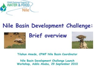 Nile Basin Development Challenge:  Brief overview  Tilahun Amede, CPWF Nile Basin Coordinator Nile Basin Development Challenge Launch Workshop, Addis Ababa, 29 September 2010 