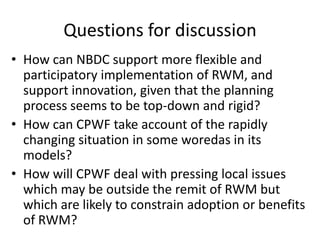 Baseline research on livelihoods and RWM planning, implementation & innovation