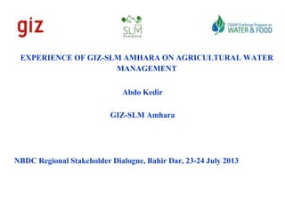 Experience of GIZ Sustainablle Land Management Program on agricultural
water management in Amhara
Abdo Kedir
GIZ-SLM Amhara
NBDC Regional Stakeholder Dialogue, Bahir Dar, 23-24 July 2013
 