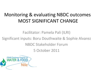 Monitoring & evaluating NBDC outcomes  MOST SIGNIFICANT CHANGE Facilitator: Pamela Pali (ILRI) Significant inputs: Boru Douthwaite & Sophie Alvarez NBDC Stakeholder Forum 5 October 2011 