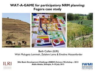 WAT-A-GAME for participatory NRM planning:
Fogera case study
Beth Cullen (ILRI)
With Mulugeta Lemineh, Zelalem Lema & Emeline Hassenforder
Nile Basin Development Challenge (NBDC) Science Workshop
Addis Ababa, Ethiopia, 9–10 July 2013
 
