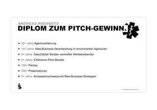 10 SCHLIMME SYMPTOME
DER PITCH-VERLIERER-KRANKHEIT.

10. DAS ICH-KANN-DAS-GANZ-ALLEIN-SYMPTOM
Kreative Lösungen für Kunden zu entwickeln
zum einen und erfolgreich Pitchen zum anderen
erfordern völlig unterschiedliche Fähigkeiten und
Tools. Wer gut in dem einen ist muss noch lange
nicht genau so gut in dem anderen sein. Da der
Pitch-Erfolg nur so wahrscheinlich, wie das
schwächste Glied überzeugend ist, werden Sie in
beiden Disziplinen gleich gut sein müssen, um zu
gewinnen. Clevere Aufgabenteilung kann helfen!

+
© 2013 | Andreas Wiehrdt | www.nb-doc.de | !11

 