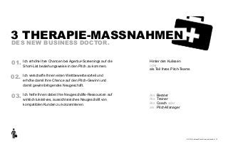 3 THERAPIE-MASSNAHMEN
DES NEW BUSINESS DOCTOR.
01.

Ich erhöhe Ihre Chancen bei Agentur-Screenings auf die
Short-List beziehungsweise in den Pitch zu kommen.

02.

Ich verschaffe Ihnen einen Wettbewerbsvorteil und
erhöhe damit Ihre Chance auf den Pitch-Gewinn und
damit gewinnbringendes Neugeschäft.

Ihnen dabei Ihre Neugeschäfts-Ressourcen
03. Ich helfelukratives, aussichtsreiches Neugeschäft von auf
wirklich
kompatiblen Kunden zu konzentrieren.

Hinter den Kulissen 
oder 
als Teil Ihres Pitch-Teams

Als
Als
Als
als

Berater
Trainer
Coach oder
Pitch-Manager

+
© 2013 | Andreas Wiehrdt | www.nb-doc.de | !13

 