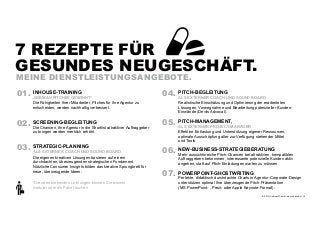 7 REZEPTE FÜR  
GESUNDES NEUGESCHÄFT.
MEINE DIENSTLEISTUNGSANGEBOTE.
INHOUSE-TRAINING
01. „WIE MAN PITCHES GEWINNT“
Die Fähigkeiten Ihrer Mitarbeiter, Pitches für Ihre Agentur zu
entscheiden, werden nachhaltig verbessert.

02. SCREENING-BEGLEITUNG  attraktiver Auftraggeber
Die Chancen, Ihre Agentur in die Shortlist
zu bringen werden merklich erhöht.

03. STRATEGIC-PLANNING  SOUND BOARD
ALS EXTERNER COACH UND
Die eigenen kreativen Lösungen basieren auf einem
durchdachten, überzeugenden strategischen Fundament.
Nützliche Consumer Insights bilden das kreative Sprungbrett für
neue, überzeugende Ideen.
*Die oben stehenden Leistungen können Sie einzeln,  
modular oder als Paket buchen

04. PITCH-BEGLEITUNG UND SOUND BOARD
ALS EXTERNER COACH
Realistische Einschätzung und Optimierung der erarbeiteten
Lösungen, Vorwegnahme und Bearbeitung potenzieller KundenEinwände (Devils Advocat).

05. PITCH-MANAGEMENT,  
ALS EXTERNER PROJECT-MANAGER
Effektive Entlastung und Unterstützung eigener Ressourcen,
optimale Ausschöpfung aller zur Verfügung stehender Mittel  
und Tools.

06. NEW-BUSINESS-STRATEGIEBERATUNG 
Mehr aussichtsreiche Pitch-Chancen bei attraktiven, kompatiblen
Auftraggebern bekommen, interessante potenzielle Kunden aktiv
angehen, statt auf Pitch-Einladungen warten zu müssen.

07. POWERPOINT-GHOSTWRITING  Agentur-Corporate-Design
Perfekte, didaktisch durchdachte Charts in
unterstützen optimal Ihre überzeugende Pitch-Präsentation  
(MS PowerPoint- , Prezi- oder Apple Keynote-Format).

+
© 2013 | Andreas Wiehrdt | www.nb-doc.de | !15

 