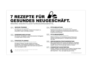 10 SCHLIMME SYMPTOME
DER PITCH-VERLIERER-KRANKHEIT.
08. DAS AM-THEMA-VORBEI-SYMPTOM
Viele pitchende Agenturen machen sich zu
wenige Gedanken um die spezifischen
Entscheidungskriterien des potenziellen Kunden
und deren Gewichtung. Sie arbeiten auf falschen
Annahmen, wo die richtigen Fragen Klärung
gebracht hätten. So präsentiert man häufig an
den individuellen Bedürfnissen des Kunden
vorbei, lässt nicht gestellte Fragen unbeantwortet
und muss zusehen, wie der Konkurrent  
den Etat gewinnt.

+
© 2013 | Andreas Wiehrdt | www.nb-doc.de | !9

 