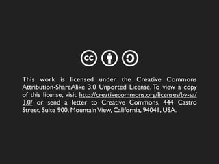 cba
This work is licensed under the Creative Commons
Attribution-ShareAlike 3.0 Unported License. To view a copy
of this license, visit http://creativecommons.org/licenses/by-sa/
3.0/ or send a letter to Creative Commons, 444 Castro
Street, Suite 900, Mountain View, California, 94041, USA.
 