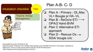 Intubation checklist Two
Plan A-B- C- D
Emerg Med Clin N Am 36 (2018) 61–84
https://doi.org/10.1016/j.emc.2017.08.006 emed.theclinics.com 0733-8627/18/a 2017 The Authors. Published by
Elsevier Inc. This is an open access article under the CC BY-NC-ND license
(http://creativecommons.org/licenses/by-nc-nd/4.0/).
❏ Plan A - Primary - DL,Mac
VL+ Bougie pr HA -VL
❏ Plan B - ReOx/w ETI
OPA/2 Hand BVM
❏ Plan C Alternative ETI
approach
❏ Plan D - Rescue Ox
SGA/ bougie cric
Trauma -Airway
Management
 