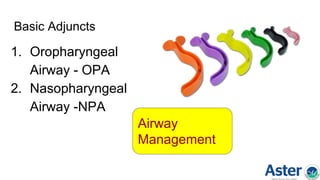 Basic Adjuncts
1. Oropharyngeal
Airway - OPA
2. Nasopharyngeal
Airway -NPA
Airway
Management
 