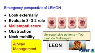 Emergency perspective of LEMON
● Look externally
● Evaluate 3- 3-2 rule
● Mallampati score
● Obstruction
● Neck mobility
Unresponsive patients - You
can’t do Mallampati
LEONAirway
Management
 