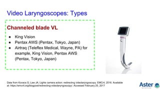 Video Laryngoscopes: Types
Channeled blade VL
● King Vision
● Pentax AWS (Pentax, Tokyo, Japan)
● Airtraq (Teleflex Medical, Wayne, PA) for
example, King Vision, Pentax AWS
(Pentax, Tokyo, Japan)
Data from Kovacs G, Law JA. Lights camera action: redirecting videolaryngoscopy. EMCrit. 2016. Available
at: https://emcrit.org/blogpost/redirecting-videolaryngoscopy/. Accessed February 25, 2017
 