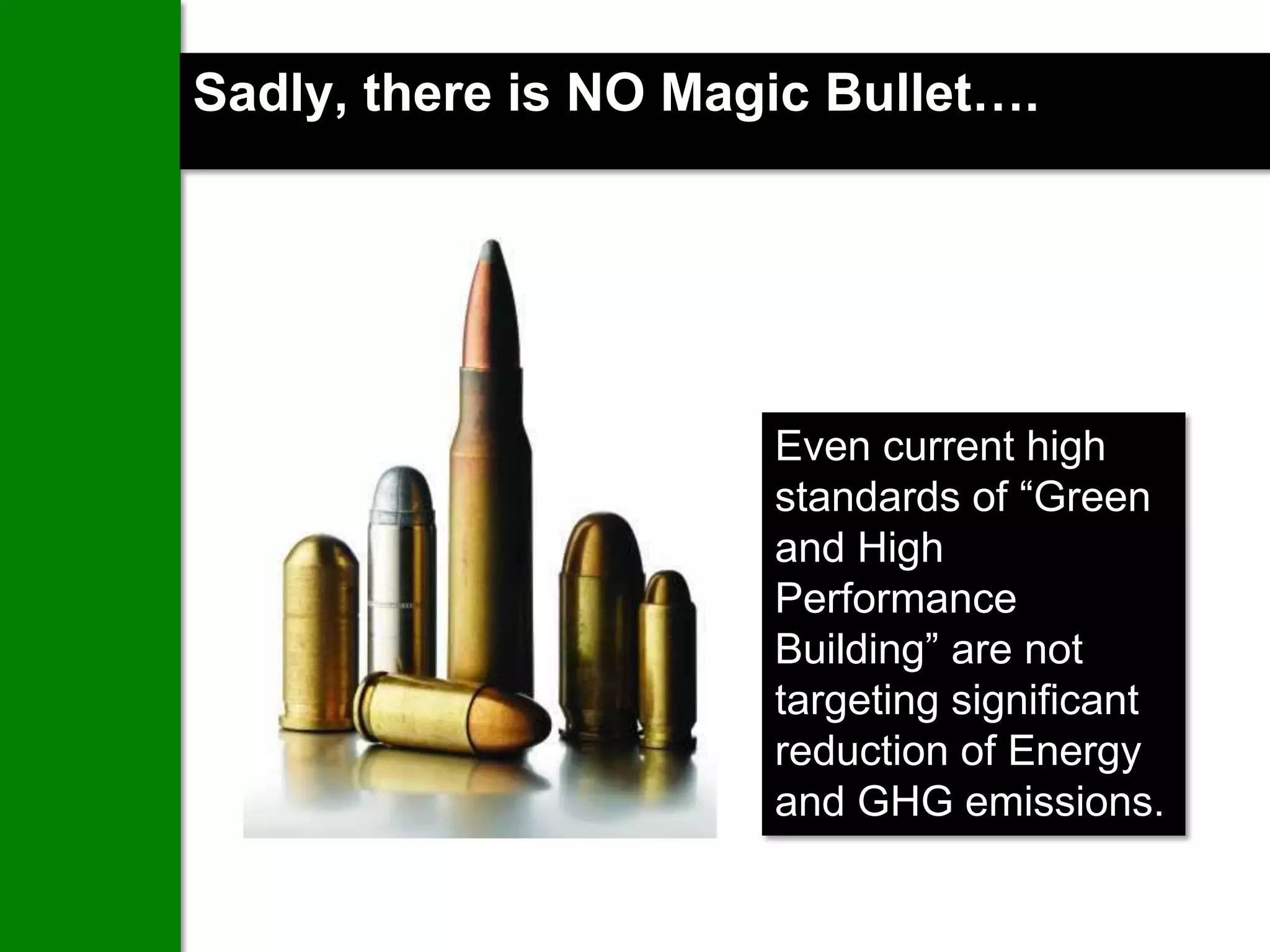 Sadly, there is NO Magic Bullet….




                      Even current high
                      standards of “Green
                      and High
                      Performance
                      Building” are not
                      targeting significant
                      reduction of Energy
                      and GHG emissions.
 