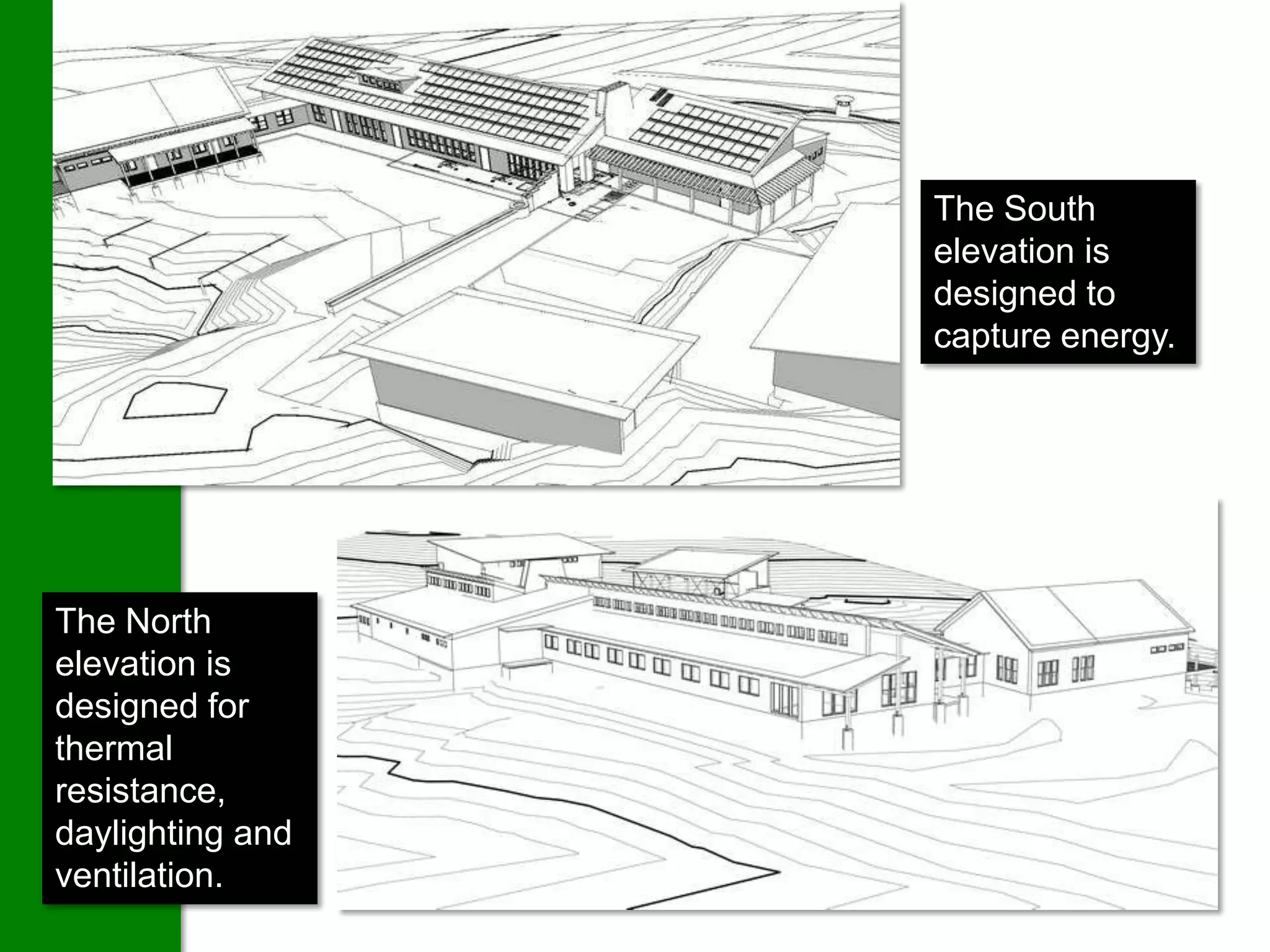The South
                  elevation is
                  designed to
                  capture energy.




The North
elevation is
designed for
thermal
resistance,
daylighting and
ventilation.
 