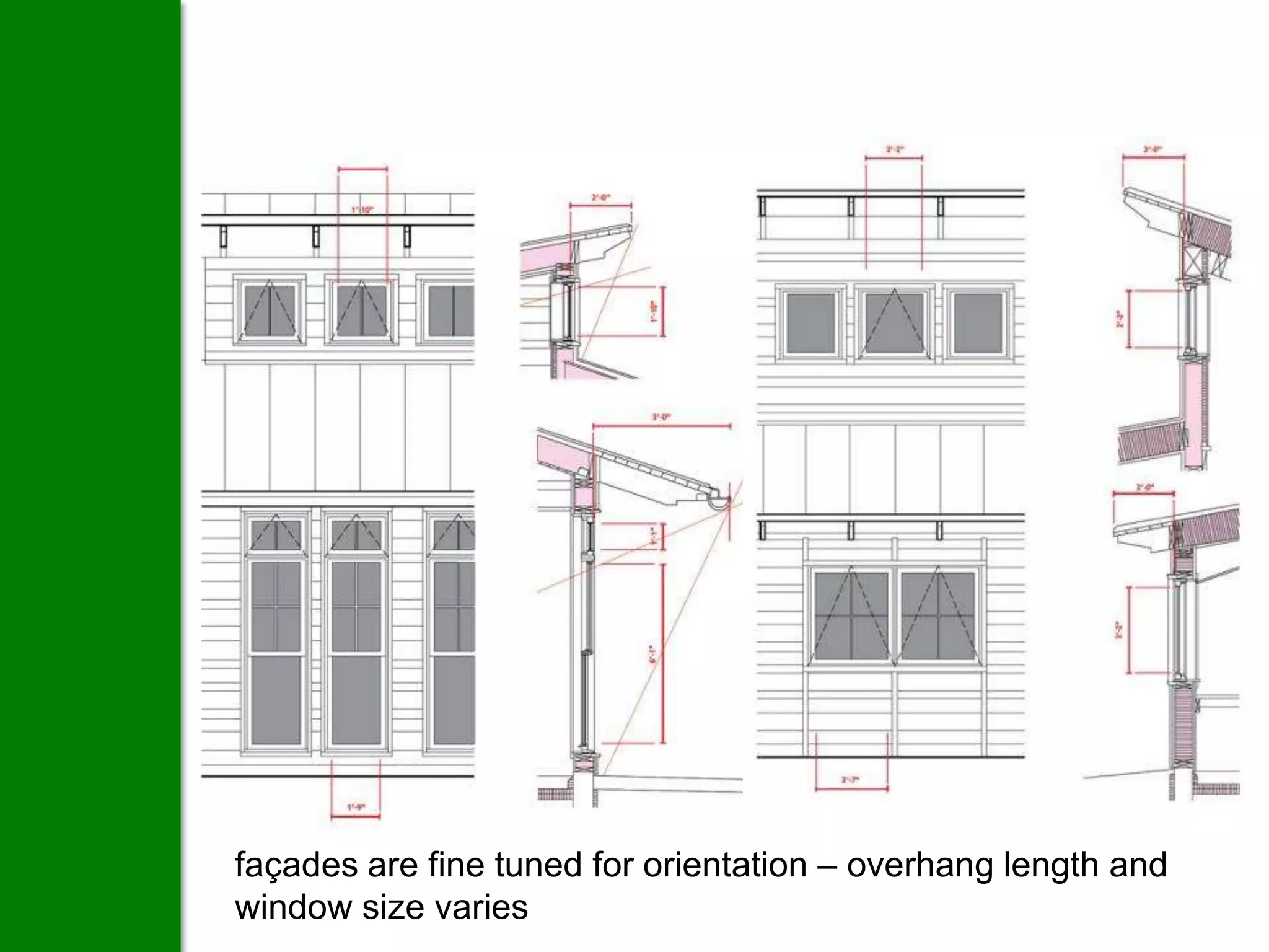 façades are fine tuned for orientation – overhang length and
window size varies
 