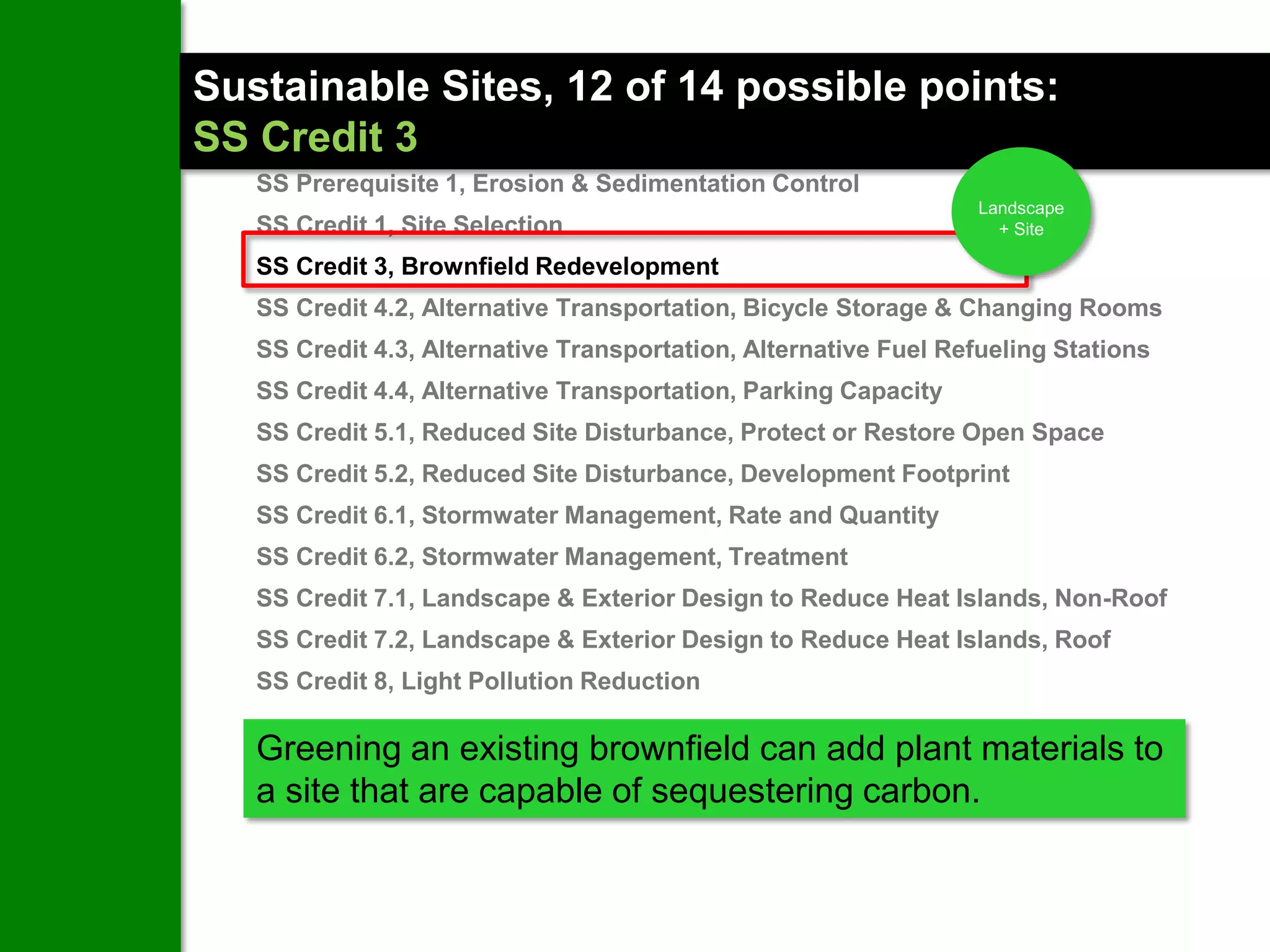 Sustainable Sites, 12 of 14 possible points:
SS Credit 3
   SS Prerequisite 1, Erosion & Sedimentation Control
                                                                 Landscape
   SS Credit 1, Site Selection                                     + Site

   SS Credit 3, Brownfield Redevelopment
   SS Credit 4.2, Alternative Transportation, Bicycle Storage & Changing Rooms
   SS Credit 4.3, Alternative Transportation, Alternative Fuel Refueling Stations
   SS Credit 4.4, Alternative Transportation, Parking Capacity
   SS Credit 5.1, Reduced Site Disturbance, Protect or Restore Open Space
   SS Credit 5.2, Reduced Site Disturbance, Development Footprint
                                                                             Landscape
   SS Credit 6.1, Stormwater Management, Rate and Quantity                     + Site
   SS Credit 6.2, Stormwater Management, Treatment
   SS Credit 7.1, Landscape & Exterior Design to Reduce Heat Islands, Non-Roof
   SS Credit 7.2, Landscape & Exterior Design to Reduce Heat Islands, Roof
   SS Credit 8, Light Pollution Reduction

   Greening an existing brownfield can add plant materials to
   a site that are capable of sequestering carbon.
 