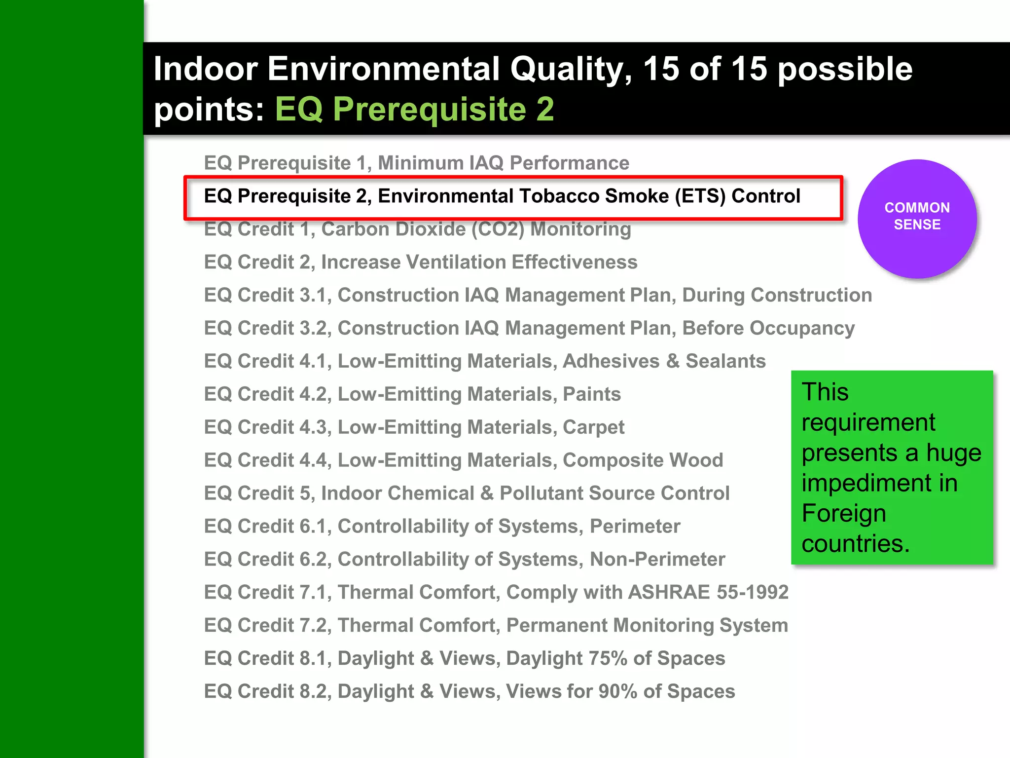 Indoor Environmental Quality, 15 of 15 possible
points: EQ Prerequisite 2
   EQ Prerequisite 1, Minimum IAQ Performance
   EQ Prerequisite 2, Environmental Tobacco Smoke (ETS) Control
                                                                          COMMON
   EQ Credit 1, Carbon Dioxide (CO2) Monitoring                            SENSE

   EQ Credit 2, Increase Ventilation Effectiveness
   EQ Credit 3.1, Construction IAQ Management Plan, During Construction
   EQ Credit 3.2, Construction IAQ Management Plan, Before Occupancy
   EQ Credit 4.1, Low-Emitting Materials, Adhesives & Sealants
   EQ Credit 4.2, Low-Emitting Materials, Paints                  This
   EQ Credit 4.3, Low-Emitting Materials, Carpet                  requirement
   EQ Credit 4.4, Low-Emitting Materials, Composite Wood          presents a huge
   EQ Credit 5, Indoor Chemical & Pollutant Source Control        impediment in
   EQ Credit 6.1, Controllability of Systems, Perimeter
                                                                  Foreign
                                                                  countries.
   EQ Credit 6.2, Controllability of Systems, Non-Perimeter
   EQ Credit 7.1, Thermal Comfort, Comply with ASHRAE 55-1992
   EQ Credit 7.2, Thermal Comfort, Permanent Monitoring System
   EQ Credit 8.1, Daylight & Views, Daylight 75% of Spaces
   EQ Credit 8.2, Daylight & Views, Views for 90% of Spaces
 