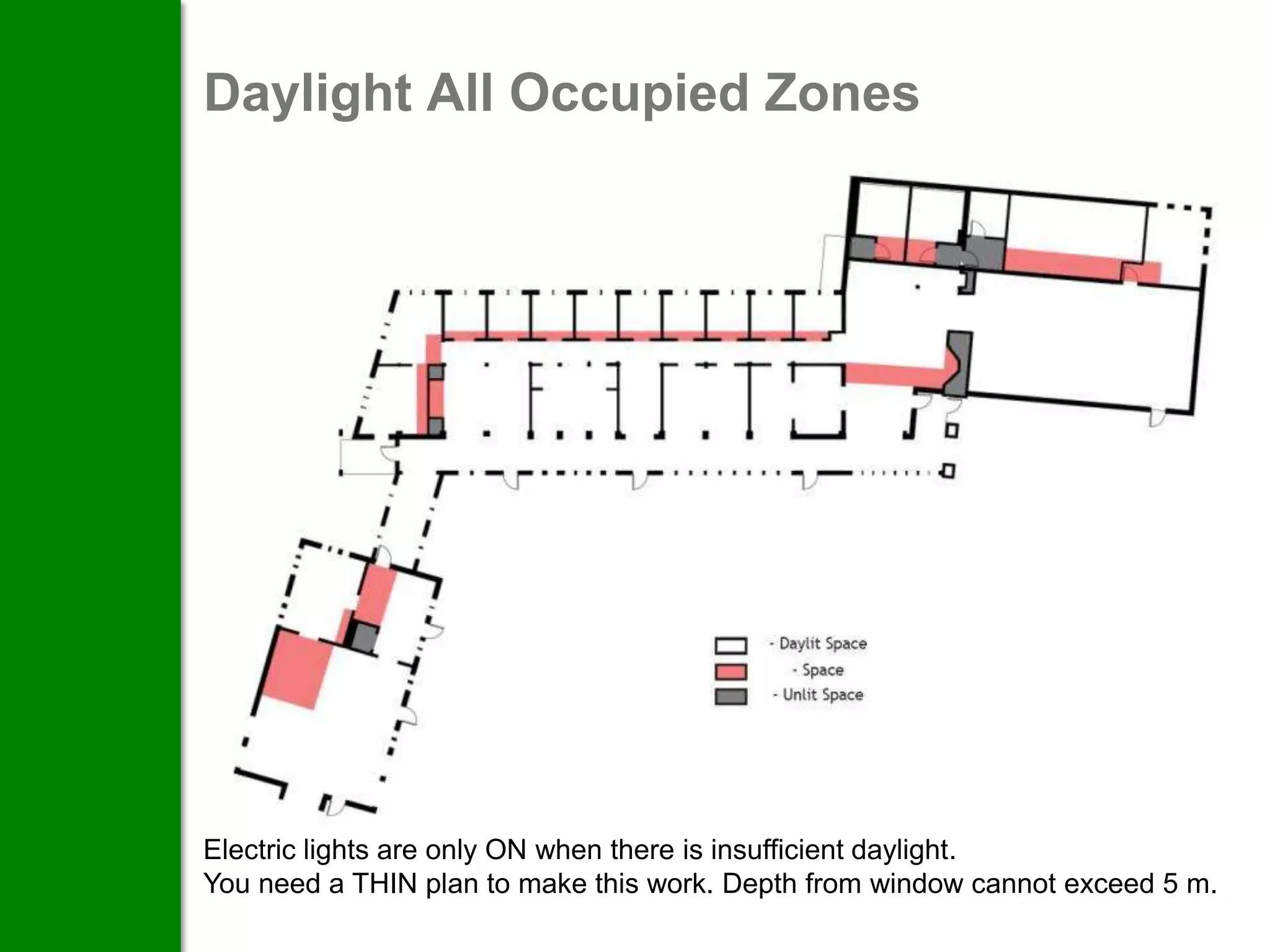 Daylight All Occupied Zones




Electric lights are only ON when there is insufficient daylight.
You need a THIN plan to make this work. Depth from window cannot exceed 5 m.
 