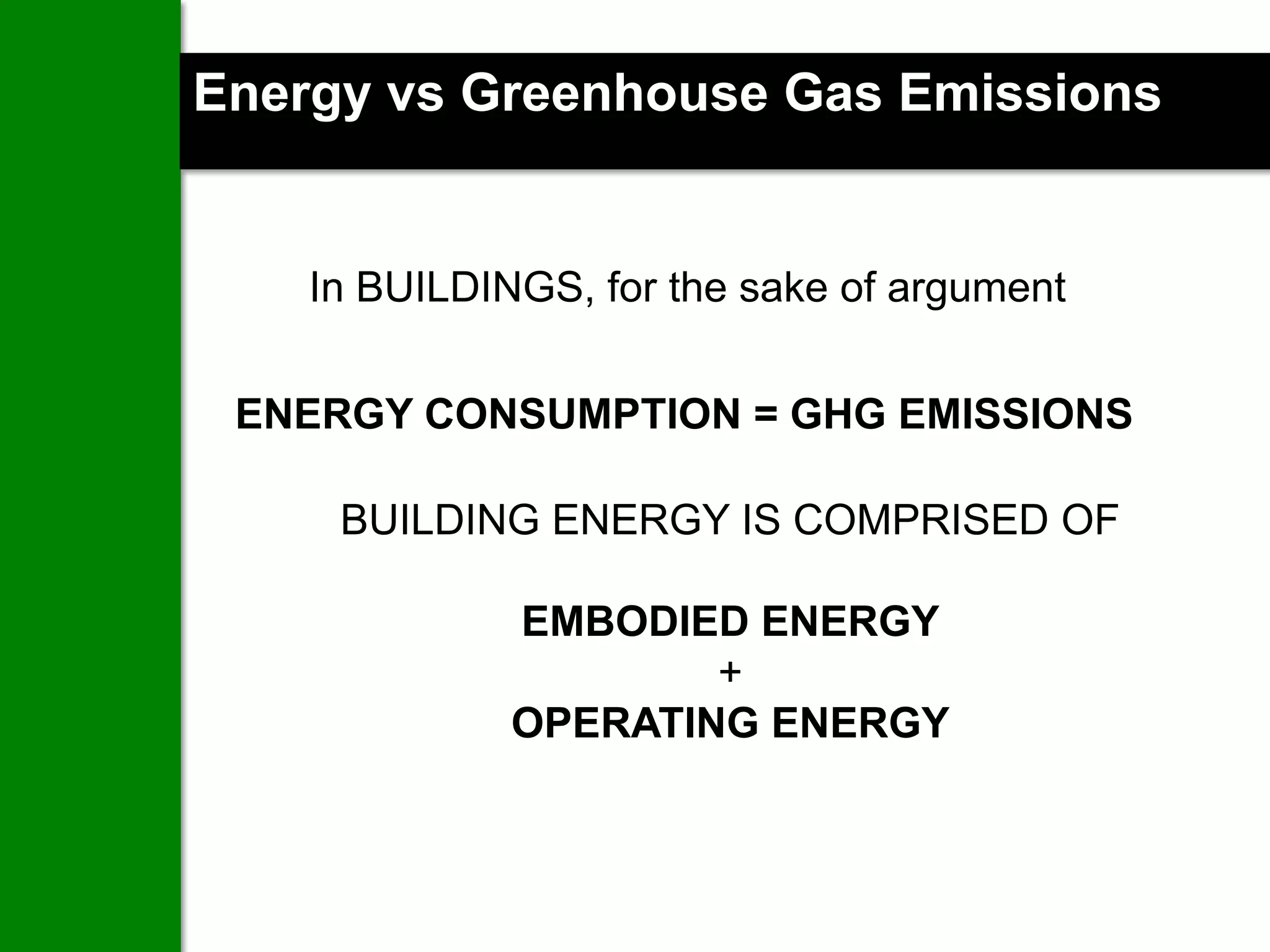 Energy vs Greenhouse Gas Emissions


    In BUILDINGS, for the sake of argument


 ENERGY CONSUMPTION = GHG EMISSIONS

     BUILDING ENERGY IS COMPRISED OF

              EMBODIED ENERGY
                      +
              OPERATING ENERGY
 