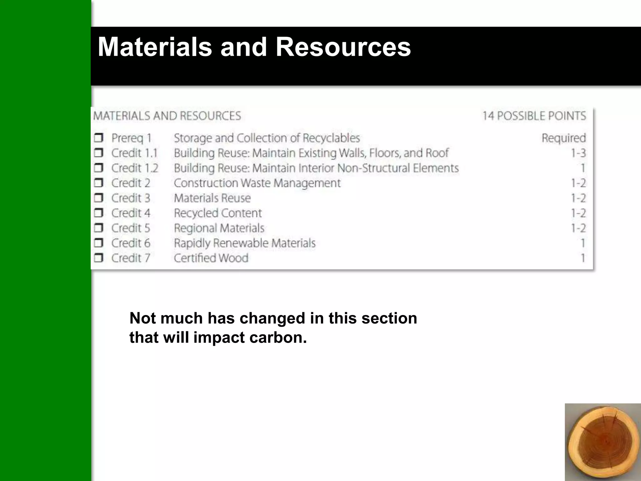 Materials and Resources




  Not much has changed in this section
  that will impact carbon.
 
