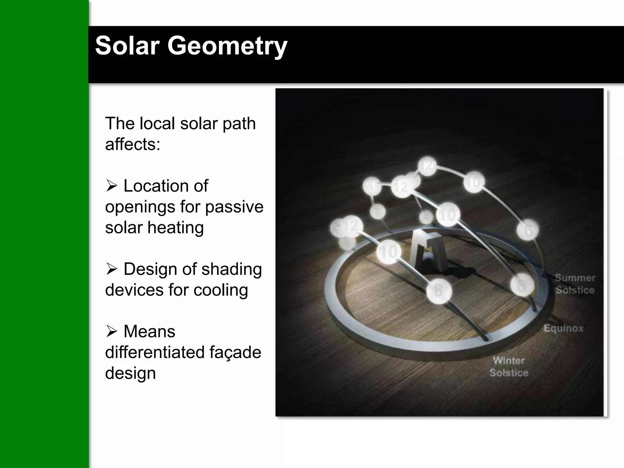 Solar Geometry

The local solar path
affects:

 Location of
openings for passive
solar heating

 Design of shading
devices for cooling

 Means
differentiated façade
design
 