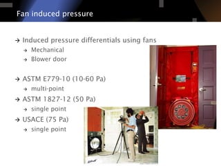 Fan induced pressure
à  Induced pressure differentials using fans
à  Mechanical
à  Blower door
à  ASTM E779-10 (10-60 Pa)
à  multi-point
à  ASTM 1827-12 (50 Pa)
à  single point
à  USACE (75 Pa)
à  single point
 
