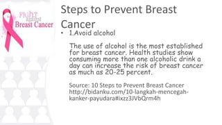 Steps to Prevent Breast
Cancer
• 1.Avoid alcohol
The use of alcohol is the most established
for breast cancer. Health studies show
consuming more than one alcoholic drink a
day can increase the risk of breast cancer
as much as 20-25 percent.
Source: 10 Steps to Prevent Breast Cancer
http://bidanku.com/10-langkah-mencegah-
kanker-payudara#ixzz3JVbQrm4h
 