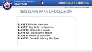 SEIS LLAVE PARA LA OCLUSION
LLAVE I: Relación intermolar
LLAVE II: Angulación de la corona
LLAVE III: Torsión de la corona
LLAVE IV: Rotación de la corona
LLAVE V: Puntos de contactos
LLAVE VI: Curva de Wilson y Von Spee
ORTODONCIA Y ORTOPEDIA
Carrera: Técnico Superior en odontología
 