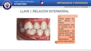 Andrew agrego que
para obtener la
máxima
intercuspidacion ideal
es necesario que la
cúspide
mesiovestibular del
segundo molar inferior
este en contacto con
la cúspide
distovestibular del
primer molar superior
LLAVE I: RELACION INTERMORAL
ORTODONCIA Y ORTOPEDIA
Carrera: Técnico Superior en odontología
 