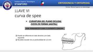 LLAVE VI
curva de spee
 CURVATURA DEL PLANO OCLUSAL
(VISTA EN FORMA SAGITAL)
DEBE PERMANECER PLANA O LEVEMENTE CONCAVA
 Puede ser diferente en lado derecho y en lado
izquierdo
 No debe exceder de un profundidad de 1,5 mm
ORTODONCIA Y ORTOPEDIA
Carrera: Técnico Superior en odontología
 