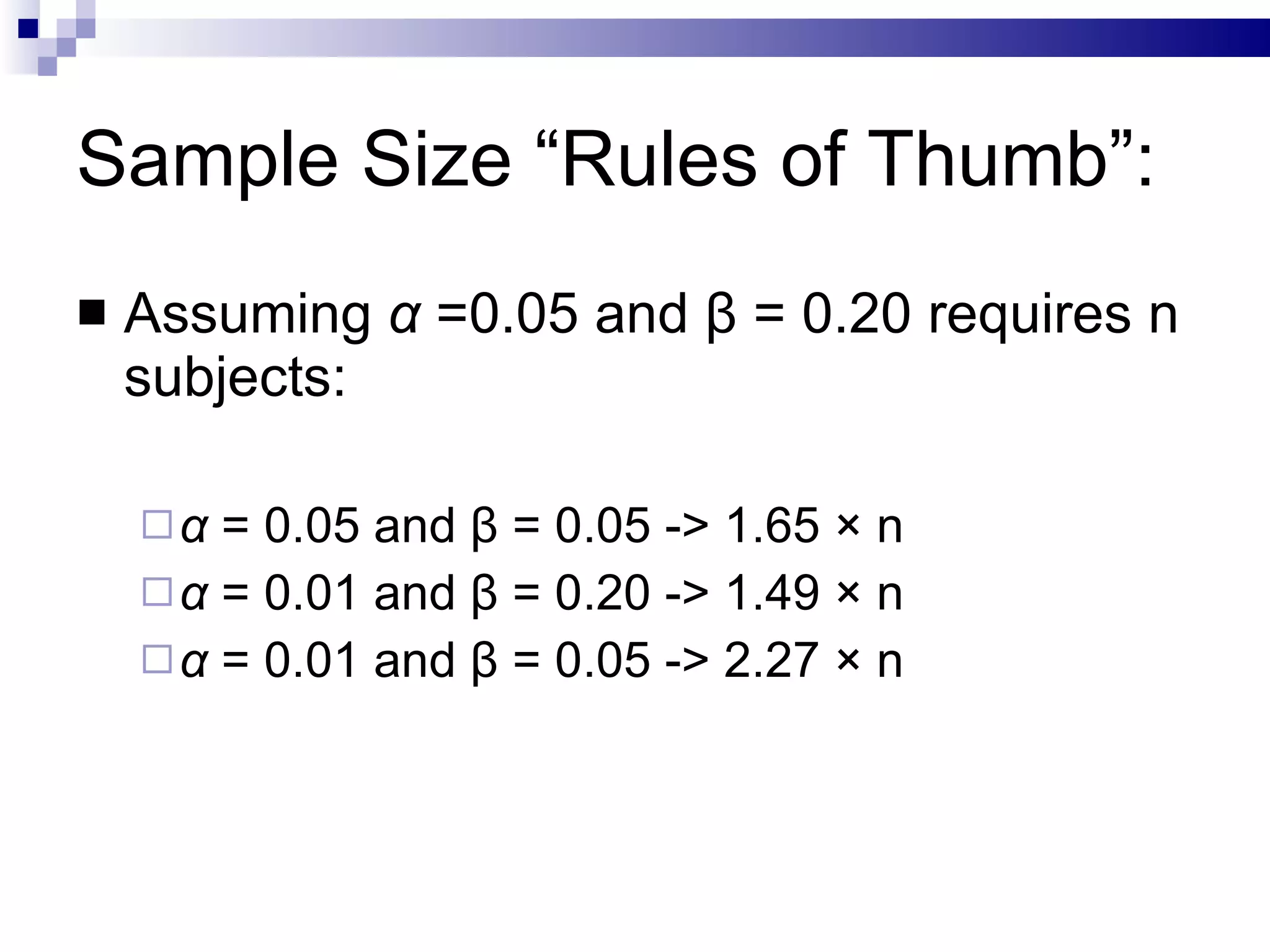 Sample Size “Rules of Thumb”:  Assuming  α  =0.05 and β = 0.20 requires n subjects: α  = 0.05  and  β = 0.05  -> 1.65 × n α  = 0.01  and  β = 0.20  -> 1.49 × n α  = 0.01  and  β = 0.05  -> 2.27 × n 