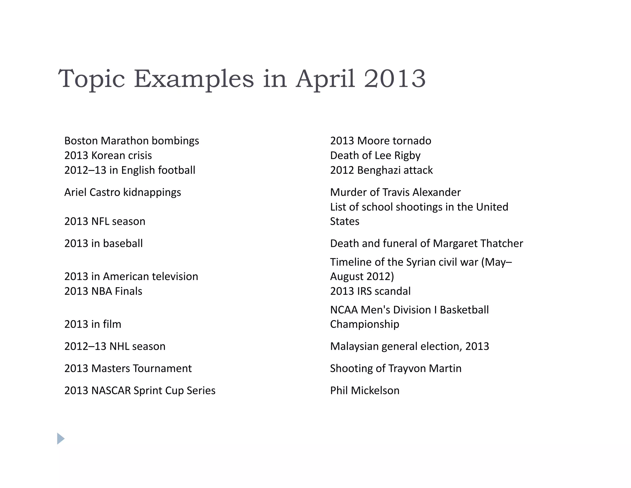 Topic Examples in April 2013
Boston Marathon bombings 2013 Moore tornado
2013 Korean crisis Death of Lee Rigby
2012–13 in English football 2012 Benghazi attack
Ariel Castro kidnappings Murder of Travis Alexander
2013 NFL season
List of school shootings in the United 
States
2013 in baseball Death and funeral of Margaret Thatcher
2013 in American television
Timeline of the Syrian civil war (May–
August 2012)
2013 NBA Finals 2013 IRS scandal
2013 in film
NCAA Men's Division I Basketball 
Championship
2012–13 NHL season Malaysian general election, 2013
2013 Masters Tournament Shooting of Trayvon Martin
2013 NASCAR Sprint Cup Series Phil Mickelson
 