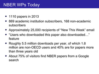 NBER WPs Today
1110 papers in 2013
869 academic institution subscribers, 168 non-academic
subscribers
Approximately 25,000 recipients of “New This Week” email
“Users who downloaded this paper also downloaded…”
feature
Roughly 5.5 million downloads per year, of which 1.8
million are non-OECD users and 40% are for papers more
than three years old
About 75% of visitors find NBER papers from a Google
search
 