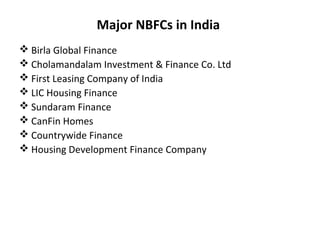 Major NBFCs in India
 Birla Global Finance
 Cholamandalam Investment & Finance Co. Ltd
 First Leasing Company of India
 LIC Housing Finance
 Sundaram Finance
 CanFin Homes
 Countrywide Finance
 Housing Development Finance Company
 