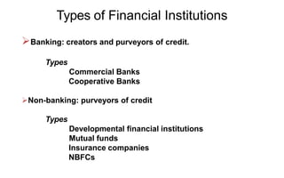 Types of Financial Institutions
Banking: creators and purveyors of credit.
Types
Commercial Banks
Cooperative Banks
Non-banking: purveyors of credit
Types
Developmental financial institutions
Mutual funds
Insurance companies
NBFCs
 