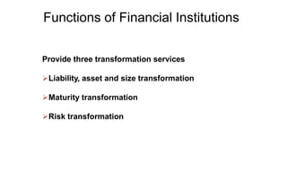Functions of Financial Institutions
Provide three transformation services
Liability, asset and size transformation
Maturity transformation
Risk transformation
 