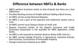 Difference between NBFCs & Banks
• NBFCs perform functions similar to that of banks but there are a few
differences-
• Provides Banking services to People without holding a Bank license,
• An NBFC cannot accept Demand Deposits,
• An NBFC is not a part of the payment and settlement system and as
such,
• An NBFC cannot issue Cheques drawn on itself, and
• Deposit insurance facility of the Deposit Insurance and Credit
Guarantee Corporation is not available for NBFC depositors, unlike
banks,
• An NBFC is not required to maintain Reserve Ratios (CRR, SLR etc.)
• An NBFC cannot indulge Primarily in Agricultural, Industrial Activity,
Sale-Purchase, Construction of Immovable Property
• Foreign Investment allowed up to 100%.
 